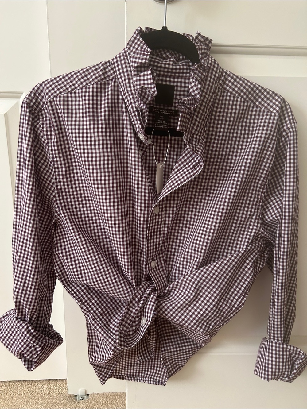 Burgundy Gingham Button-Down Shirt recreated with a ruffled collar for a woman.